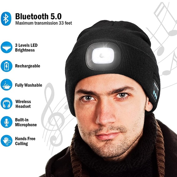Unisex Bluetooth Beanie Hat with LED Headlamp, Built-in Speaker/Mic, Headphones - Picture 3 of 7